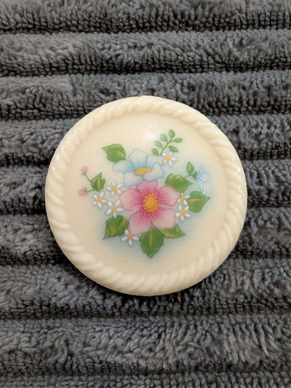 Vintage Avon Floral Brooch Pin Ivory Round Pink Blue Flowers Cottagecore